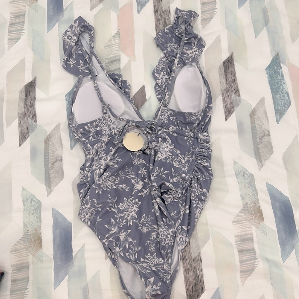 Blue and white floral maternity one piece bathing suit with ruffles - Picture 4 of 10